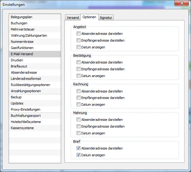 Email Optionen