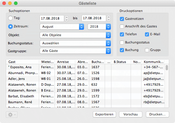 Gästeliste zur Darstellung welche Gäste zu einem bestimmten Zeitpunkt im Haus sind