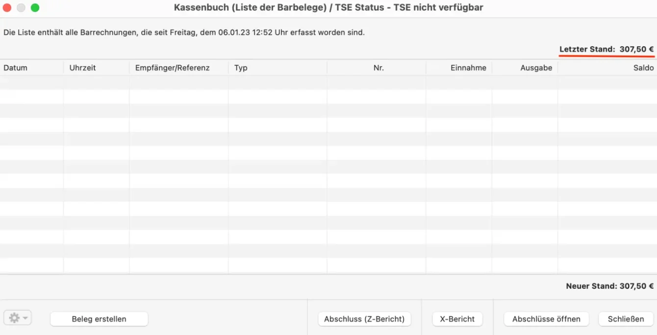 Ausgangsbestand nach Kassenabschluss