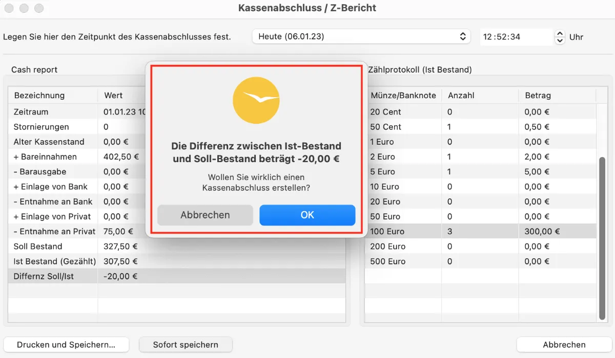 Differenz nach Abschluss im Kassenbuch