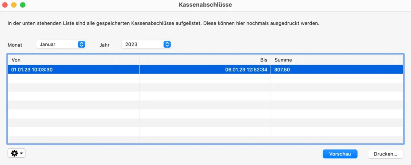 Kassenbuch Abschluss Liste