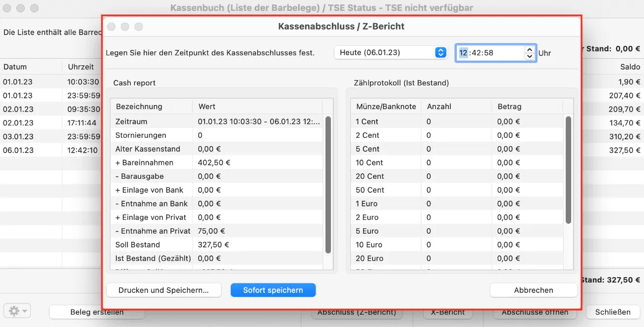 Z-Bericht im Kassenbuch