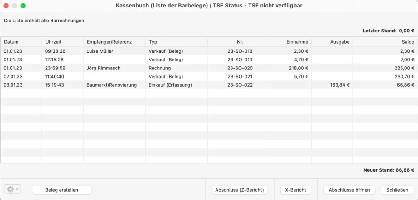 Übersicht über das Kassenbuch Standardansicht