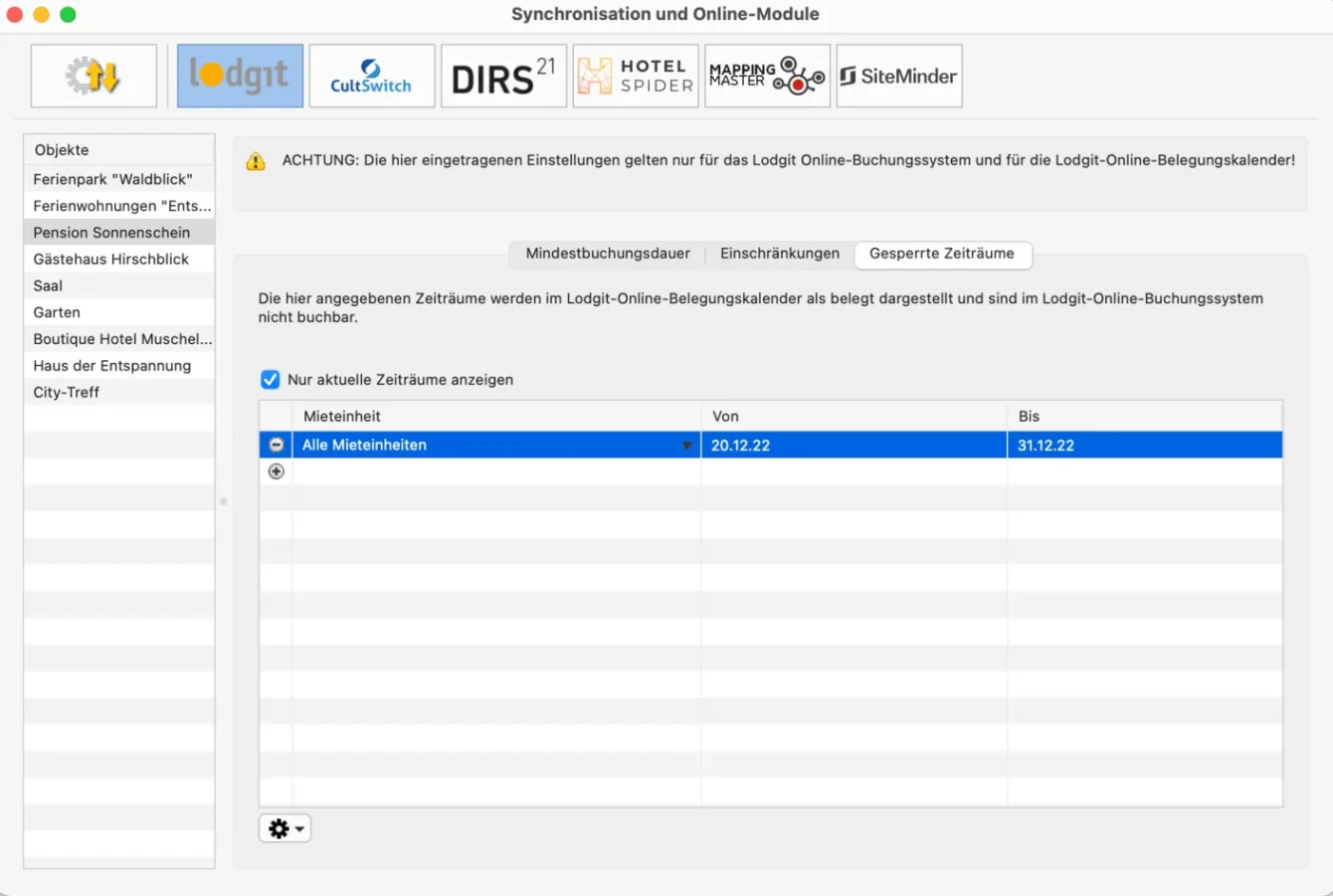 gesperrte Zeiträume in Lodgit Desk