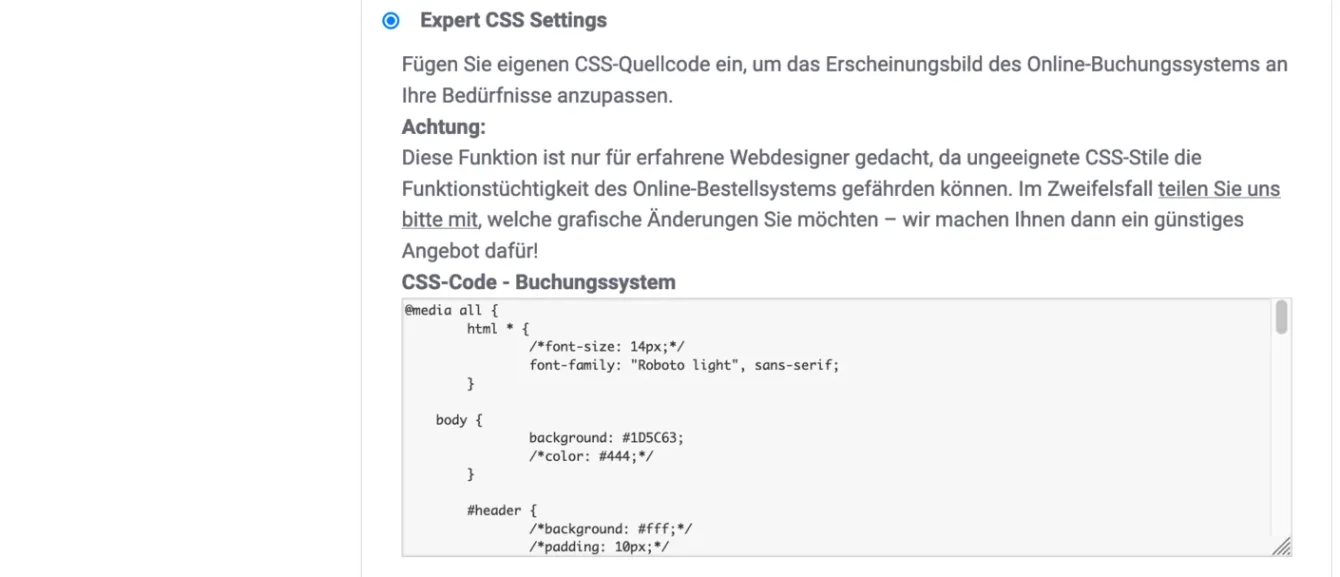 Experteneinstellungen für CSS
