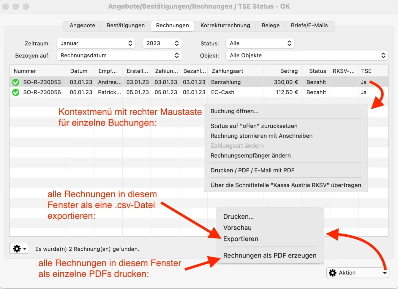 Optionen und Überblick über den Schriftverkleher der Rechnungen