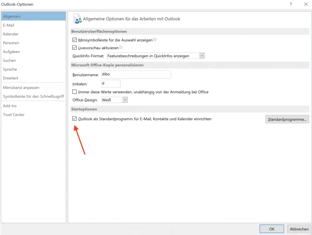 Schritt 1 Outlook Datei Optionen Allgemein