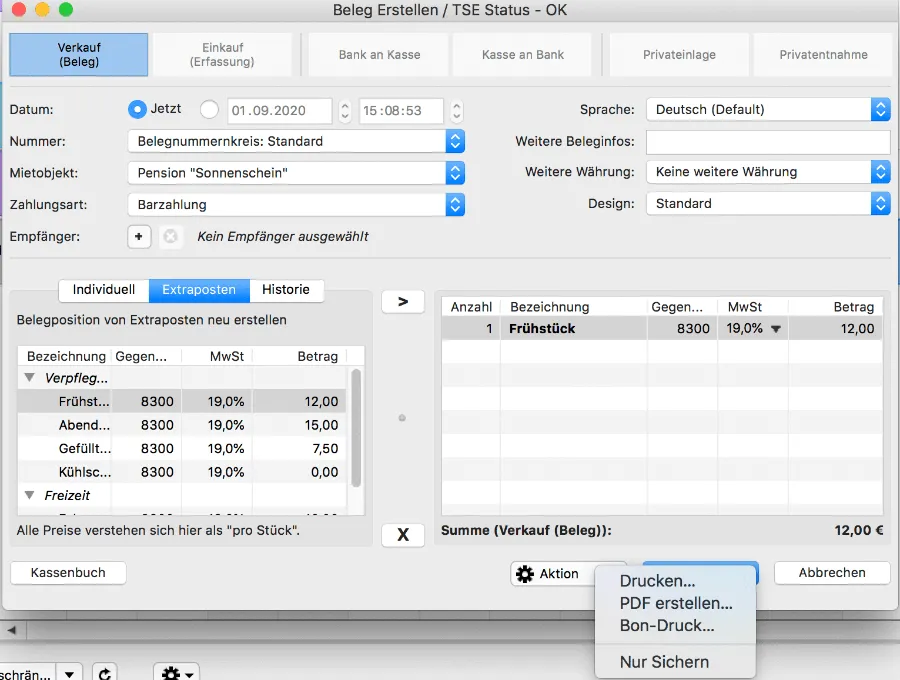 TSE Beleg erstellen Aktionsmenue