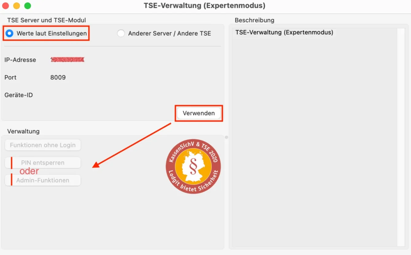 PIN der TSE im Expertenmodus