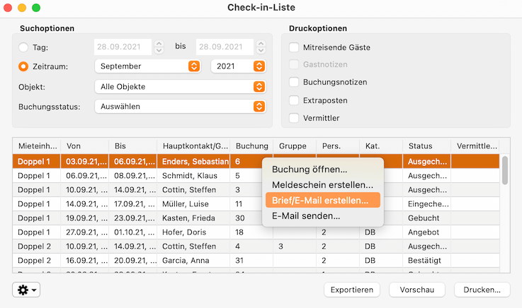 Das Fenster Check-In Liste zeigt alle Gäste