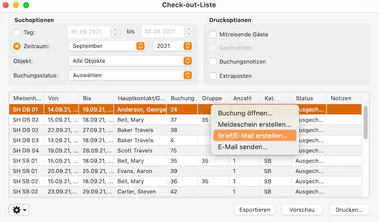 Das Fenster Check-In Liste zeigt alle Gäste