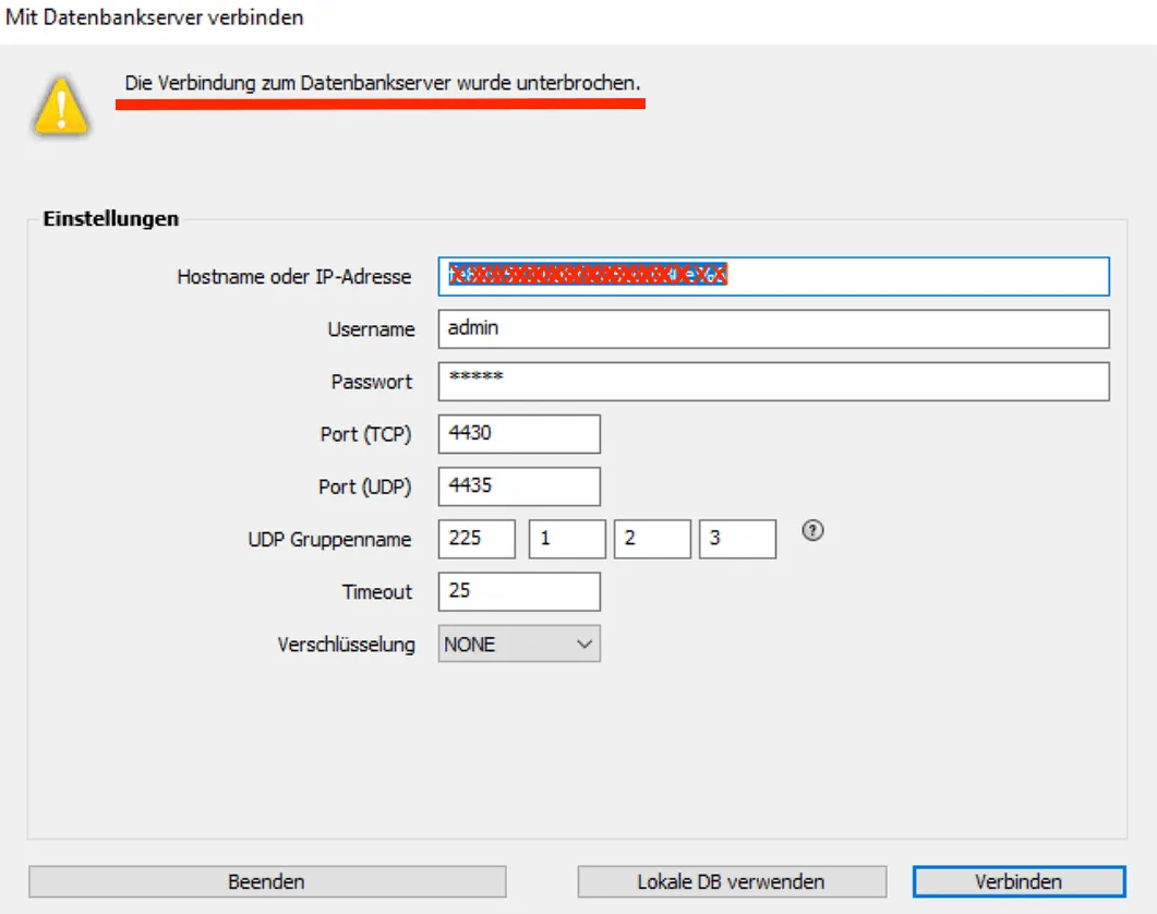 cubeSQL Firewall 01 Fehlermeldung