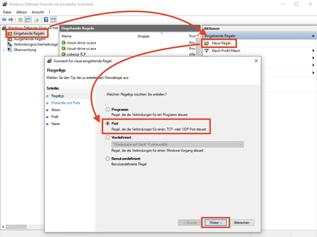 cubeSQL Firewall 03 Eingehende Regel Ports