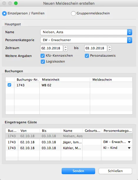 elektronischen Meldeschein fenster