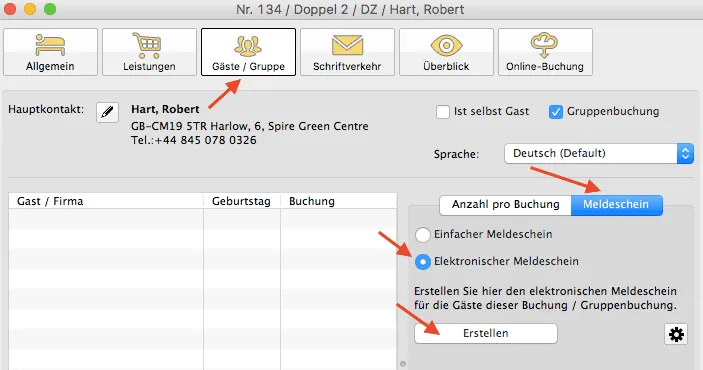 emeldeschein erstellen buchungsfenster