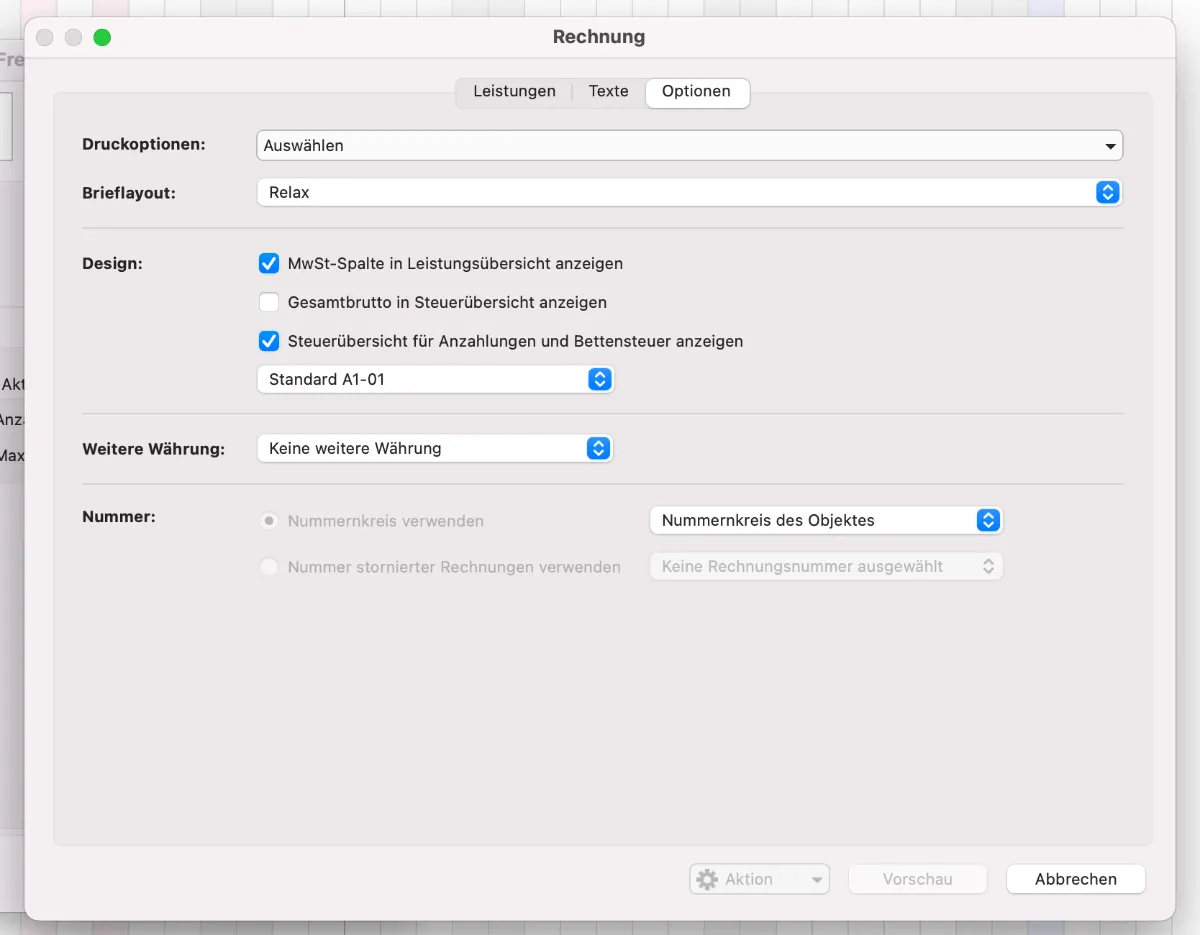 rechnung Optionen